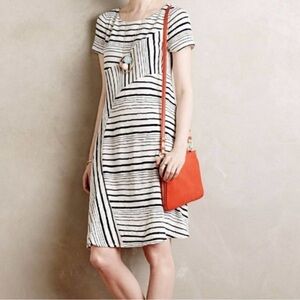 Anthropologie Maeve Stripe stack Shift Dress Small short sleeve white blue tea